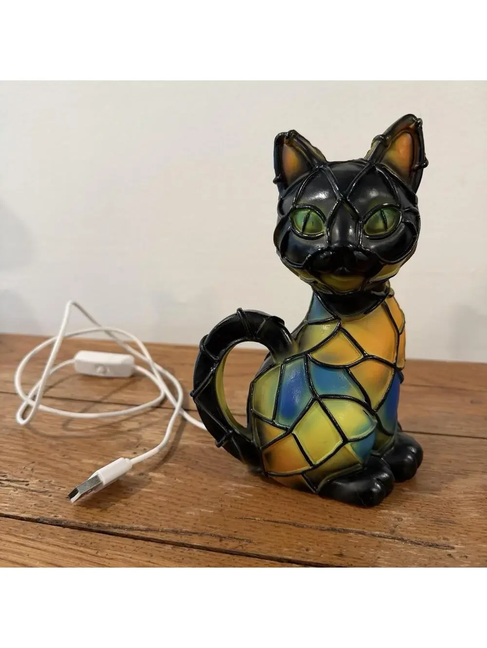 Stained Glass Style Resin Cat Lamp Sitting Kitty LED Night Light USB Tested